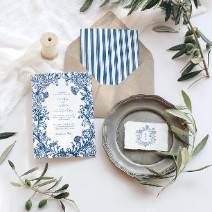 Elegant Blue Floral Crest Striped Back Wedding Invitation