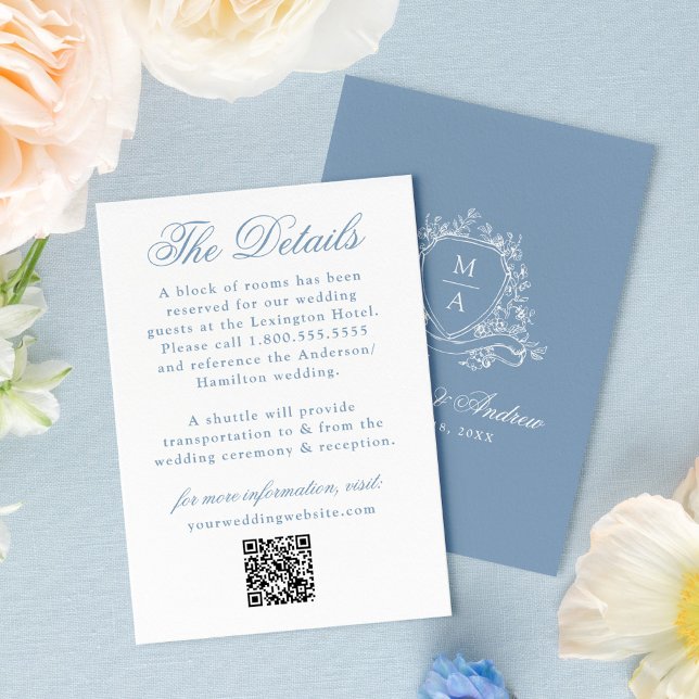 Elegant Blue Floral Crest Wedding Details Enclosure Card (Creator Uploaded)