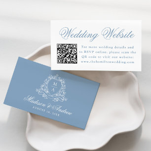 Elegant Blue Floral Crest Wedding Website QR Code Enclosure Card