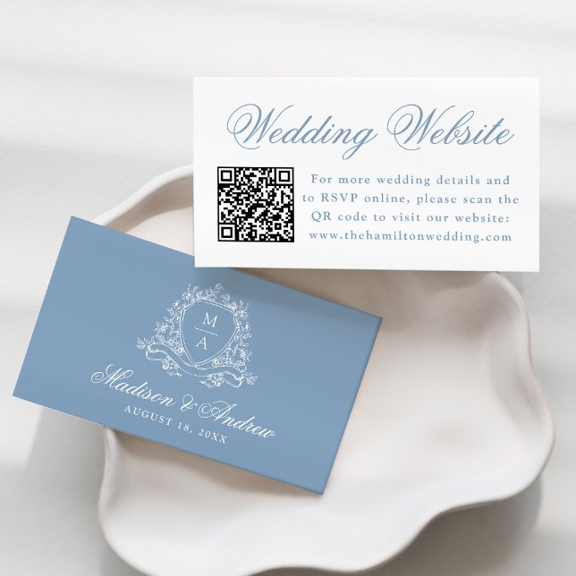 Elegant Blue Floral Crest Wedding Website QR Code Enclosure Card (Creator Uploaded)