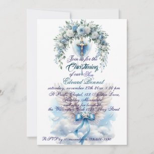 Elegant Blue Floral Cross Baptism  Invitation