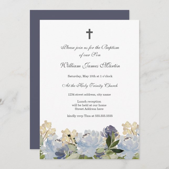 Elegant Blue Floral Cross Baptism Invitation (Front/Back)