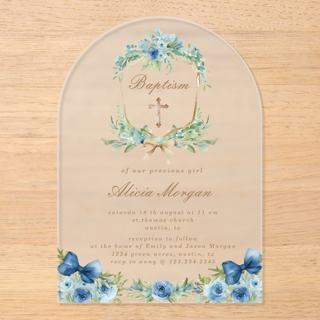 Elegant Blue Floral Cross Baptism Invitation (Front)