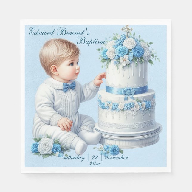 Elegant Blue Floral Cross Baptism Napkin (Front)