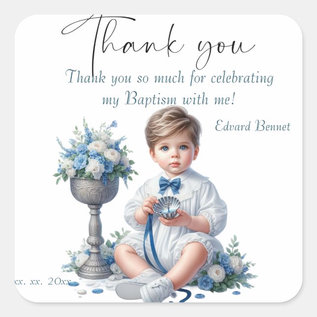Elegant Blue Floral Cross Baptism Square Sticker (Front)