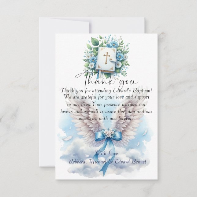 Elegant Blue Floral Cross Baptism Thank You Card (Front)