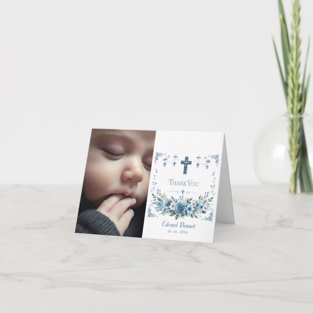 Elegant Blue Floral Cross Baptism Thank You Card (Front)