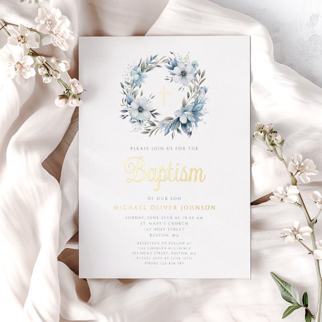 Elegant Blue Floral Cross Boy Baptism  (Elegant Blue Floral Cross Boy Baptism Foil Invitation)