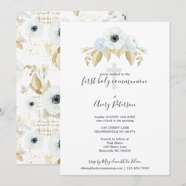 Elegant Blue Floral Cross First Holy Communion Invitation (Front/Back)