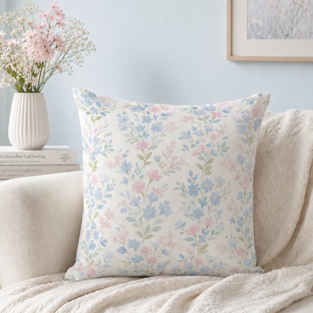 Elegant Blue Floral Cushion (elegant girly grandmillennial pale blue blush pink floral pattern throw pillow)