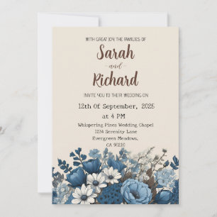 Elegant Blue Floral Design with Cream Background Invitation