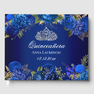 Elegant Blue Floral Diamond Tiara Quinceanera Guest Book