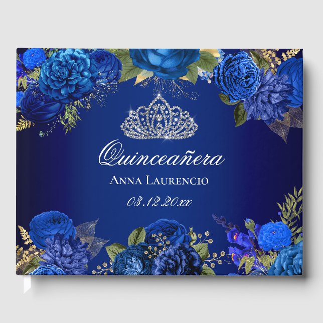 Elegant Blue Floral Diamond Tiara Quinceanera Guest Book (Front)