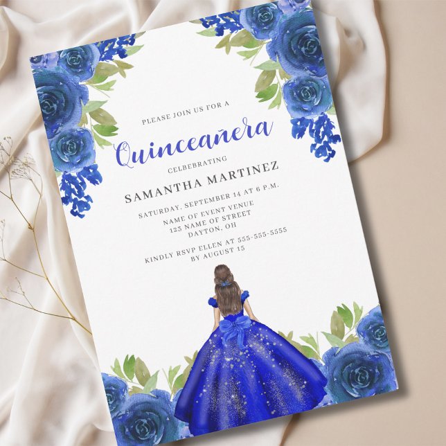 Elegant Blue Floral Dress Quinceañera Invitation (Creator Uploaded)