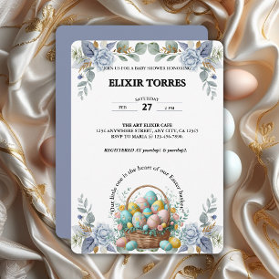 Elegant Blue Floral Easter Egg Basket Baby Shower Invitation