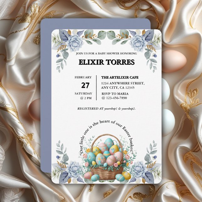 Elegant Blue Floral Easter Egg Basket Baby Shower Invitation (Creator Uploaded)