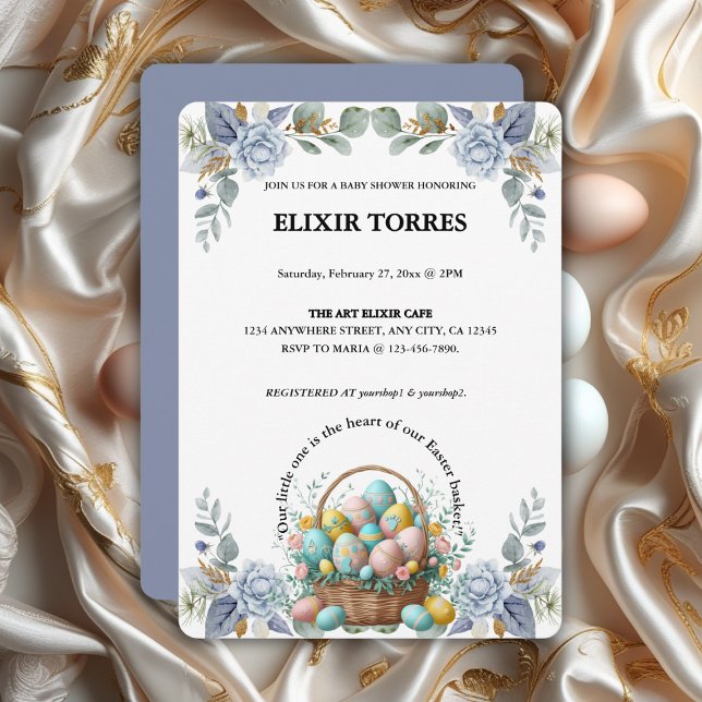 Elegant Blue Floral Easter Egg Basket Baby Shower Invitation (Creator Uploaded)