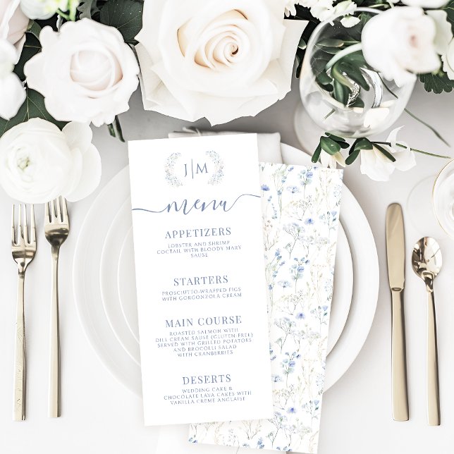 Elegant Blue Floral Fall Winter Wedding Menu Cards (Creator Uploaded)