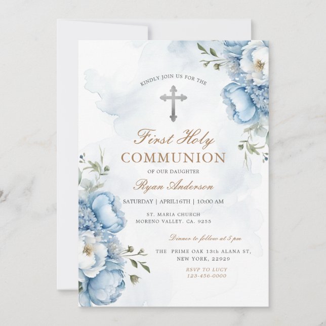 Elegant Blue Floral First Holy Communion  Invitation (Front)