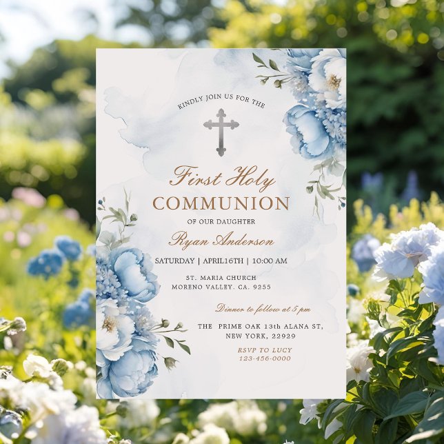 Elegant Blue Floral First Holy Communion  Invitation (Creator Uploaded)