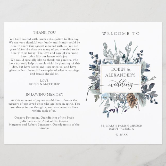 Elegant Blue Floral, Folded Wedding Program (Front)