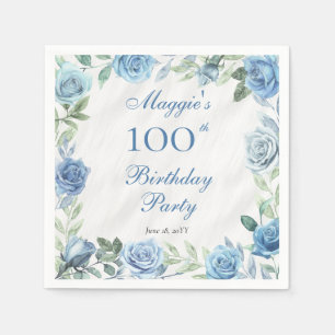 Elegant Blue Floral Frame 100th Birthday Party Napkin