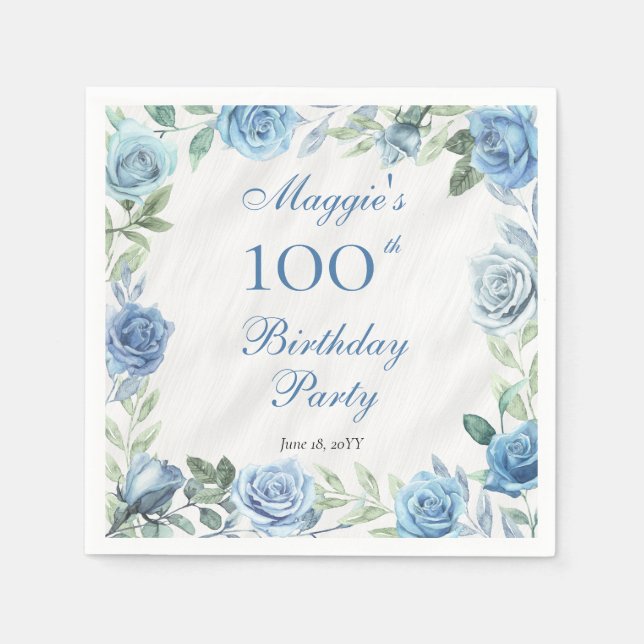 Elegant Blue Floral Frame 100th Birthday Party Napkin (Front)