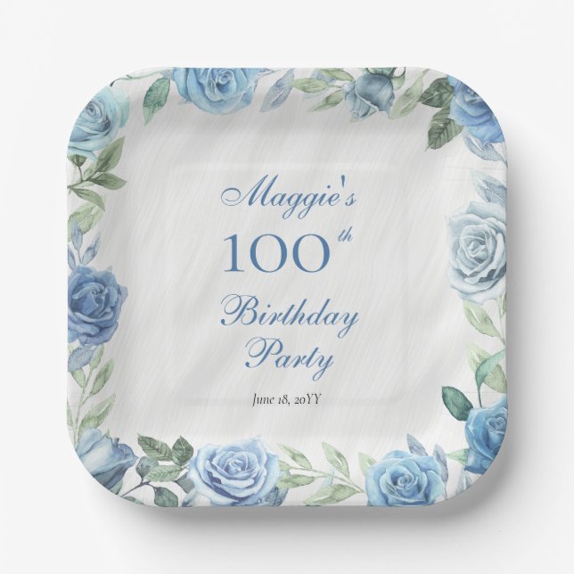 Elegant Blue Floral Frame 100th Birthday Party Paper Plate (Front)