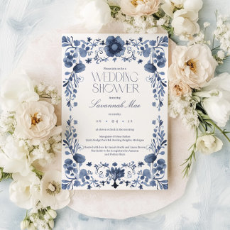 Elegant Blue Floral Frame Bridal Shower Invitation