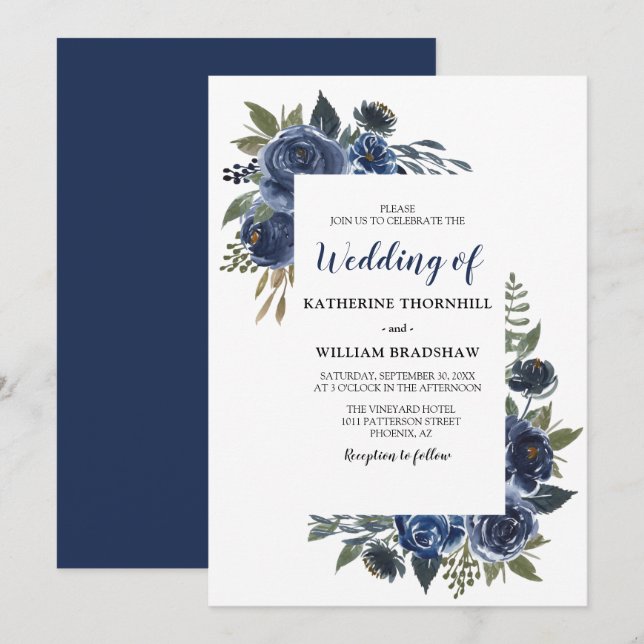 Elegant Blue Floral Frame Wedding Invitation (Front/Back)