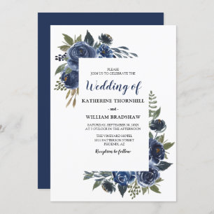 Elegant Blue Floral Frame Wedding Invitation