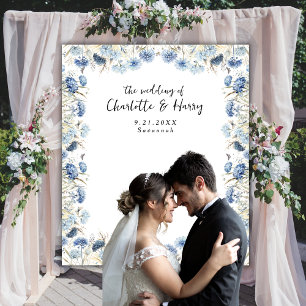 Elegant Blue Floral Frame Wedding Photo  Backdrop Tapestry