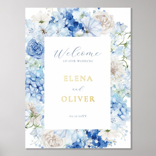 Elegant Blue Floral Frame Wedding Welcome Foil Prints (Front)