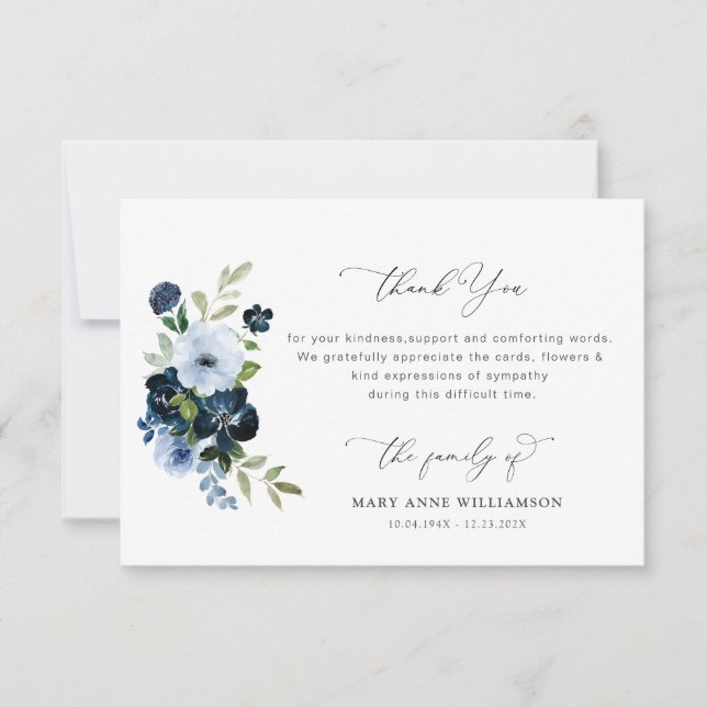 elegant blue floral funeral thank you note (Front)