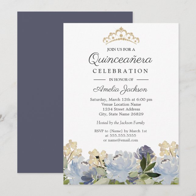 Elegant Blue Floral Garden Tiara Quinceanera Invitation (Front/Back)