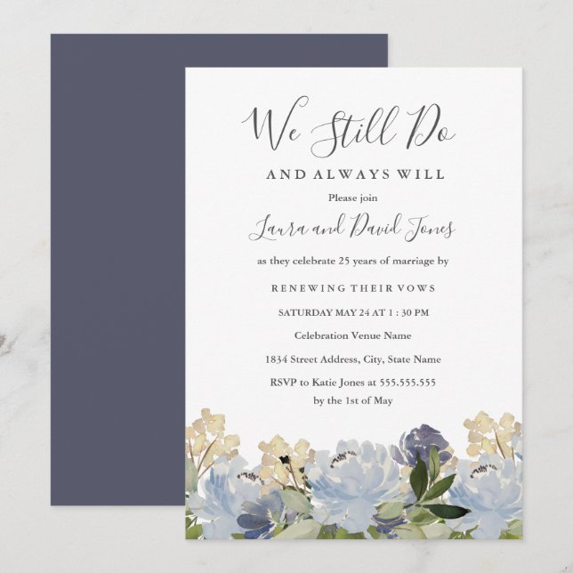 Elegant Blue Floral Garden Wedding Vow Renewal Invitation (Front/Back)