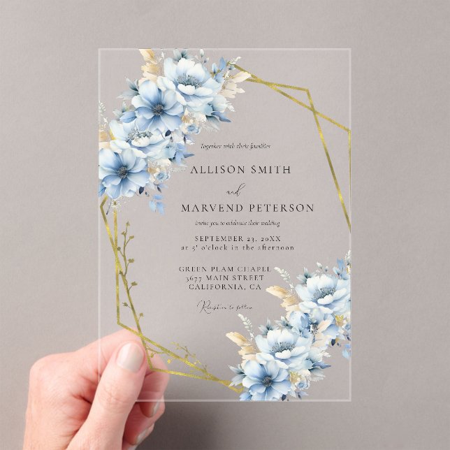 Elegant Blue Floral Geometric Frame Bloom Wedding Acrylic Invitations (Insitu (Handheld))