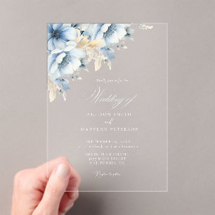 Elegant Blue Floral Geometric Frame Bloom Wedding Acrylic Invitations