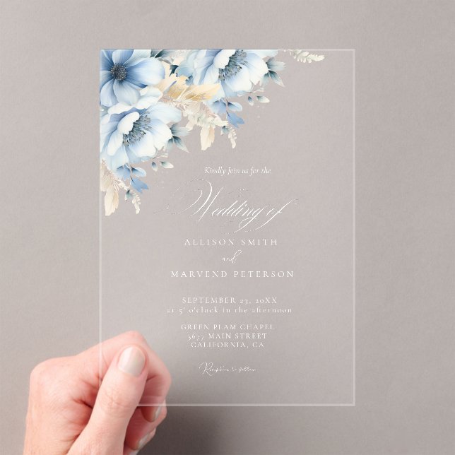 Elegant Blue Floral Geometric Frame Bloom Wedding Acrylic Invitations (Insitu (Handheld))