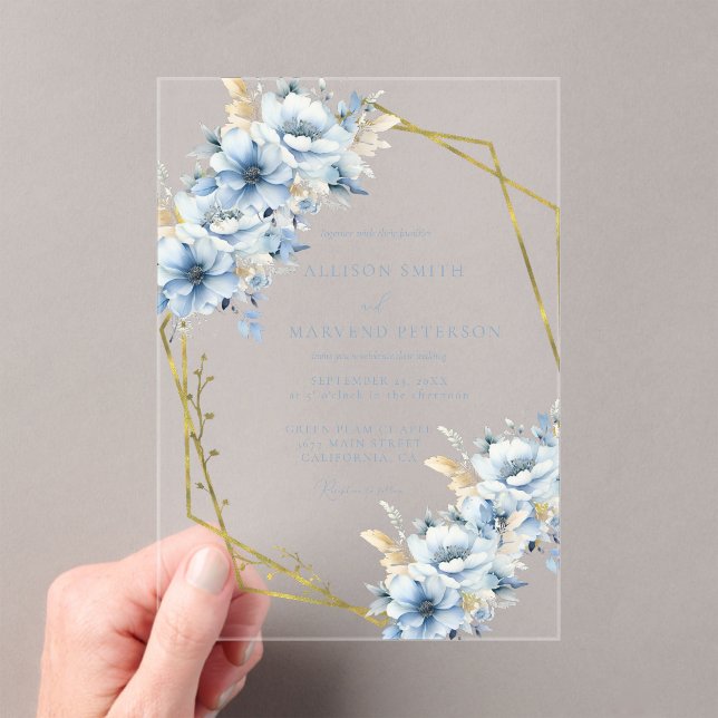 Elegant Blue Floral Geometric Frame Bloom Wedding Acrylic Invitations (Insitu (Handheld))