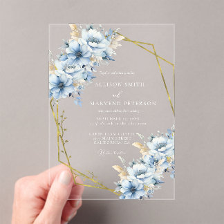 Elegant Blue Floral Geometric Frame Bloom Wedding Acrylic Invitations