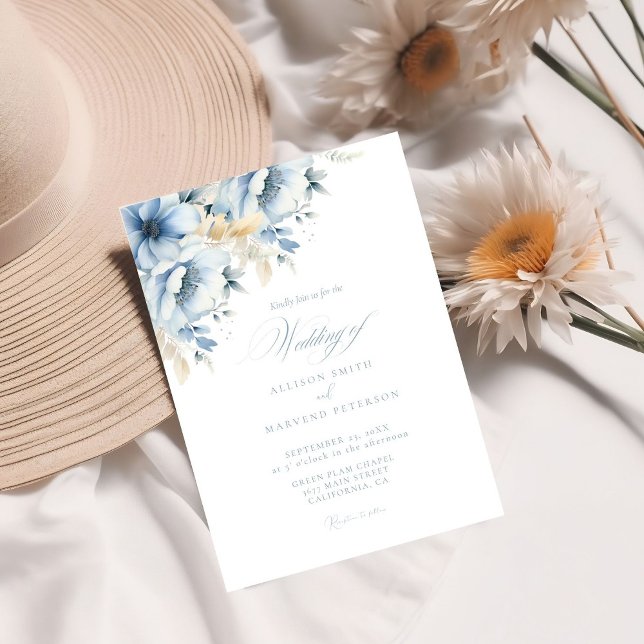 Elegant Blue Floral Geometric Frame Bloom Wedding Invitation (Creator Uploaded)