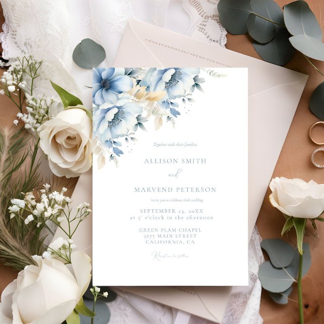 Elegant Blue Floral Geometric Frame Bloom Wedding Invitation (Creator Uploaded)