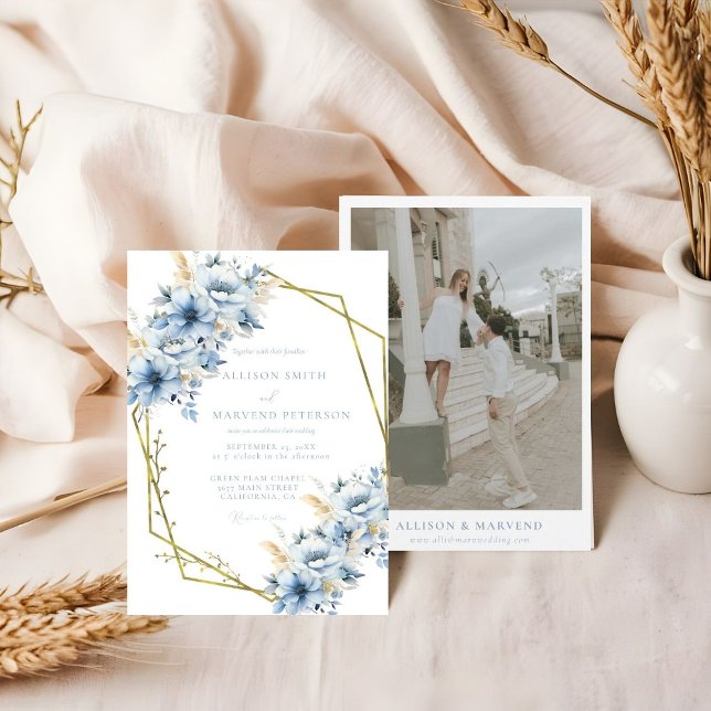 Elegant Blue Floral Geometric Frame Bloom Wedding Invitation (Creator Uploaded)
