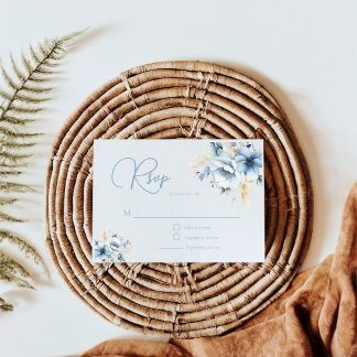 Elegant Blue Floral Geometric Frame Bloom Wedding RSVP Card