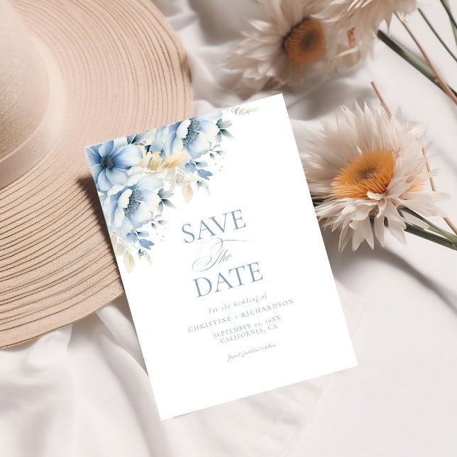 Elegant Blue Floral Geometric Frame Bloom Wedding Save The Date (Creator Uploaded)