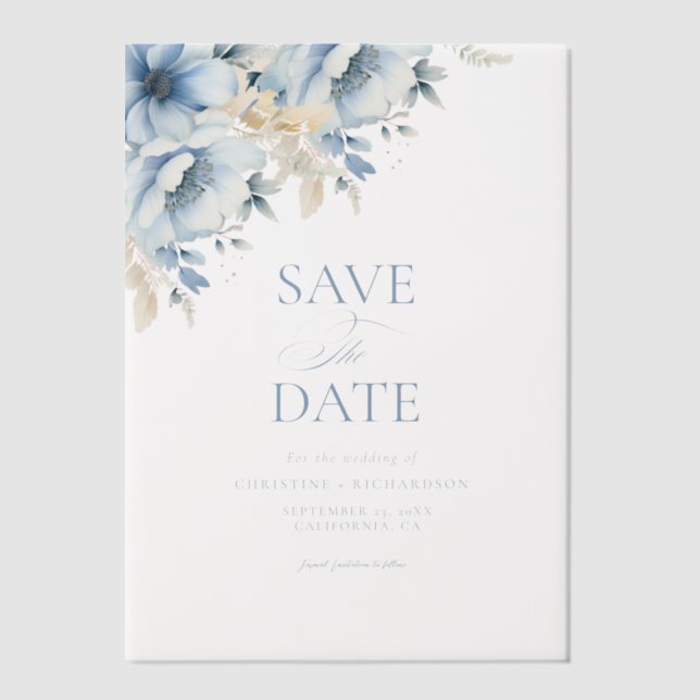 Elegant Blue Floral Geometric Frame Bloom Wedding Vellum Invitations (Front)