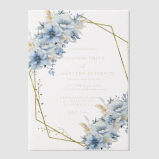 Elegant Blue Floral Geometric Frame Bloom Wedding Vellum Invitations