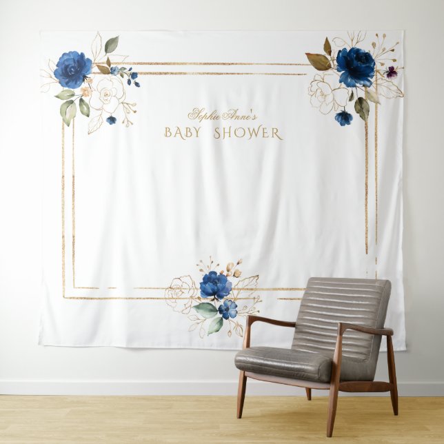 Elegant Blue Floral Gold Boy Baby Shower Prop Tapestry (In Situ (Horizontal))