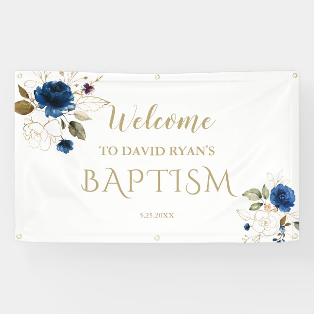 Elegant Blue Floral Gold Boy Baptism Welcome Sign (Horizontal)
